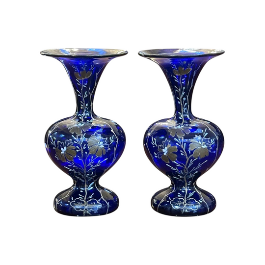 Pr Edwardian glass handpainted cobalt vases c.1920