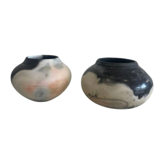 Raku Pottery Vessels Set of 2 Hand-Fired Sawdust Ceramic Sculptural Bowls