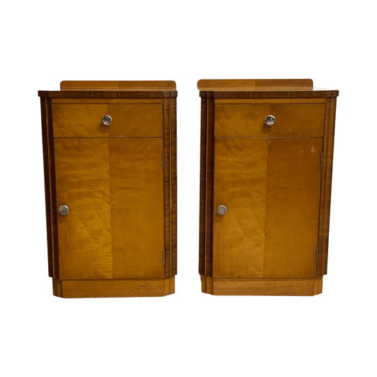 Rare Pair Of Art Deco Birch And Walnut Bedside Cabinets