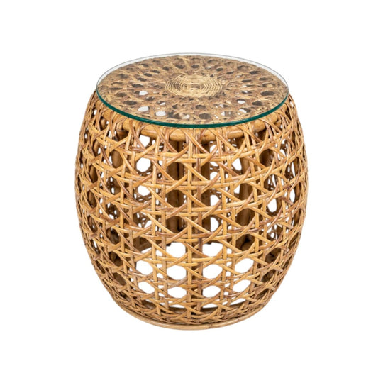 Rattan Side Table Glass Top Boho Wicker Stool Coastal Hamptons Bedside