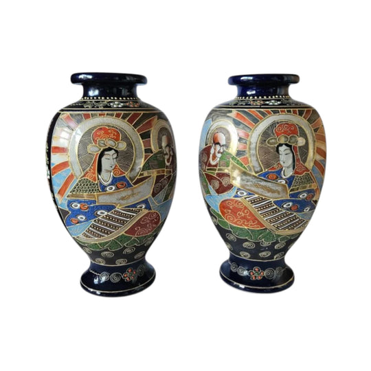 Antique Satsuma Moriage Large twin Baluster Vases of Rakan & Kannon circa 1920