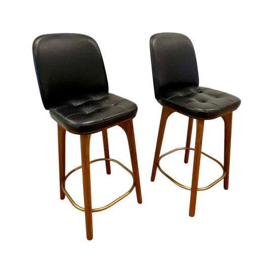 Set of 2 - Stellar Works Utility Bar Stools – Walnut & Leather (RRP $3,300)