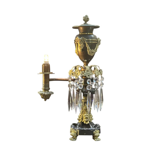 English Regency Argand Whale Oil Lamp, Patinated and Gilt Bronze with Cut Crystal Prisms, J. & I. Cox, c.1830