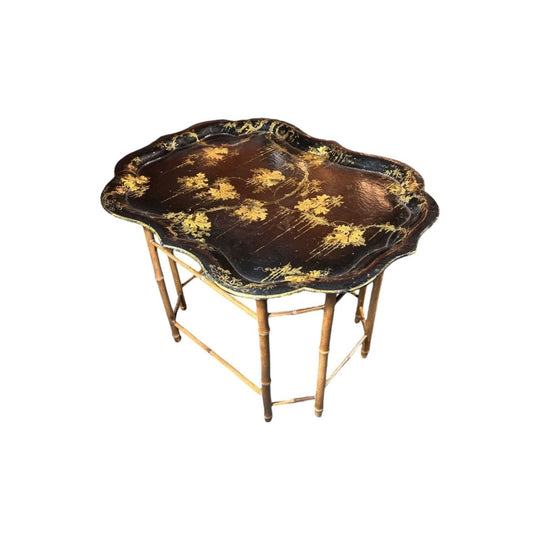 Regency black lacquer papier mache tray with gilt foliage, bamboo legs, c. 1825