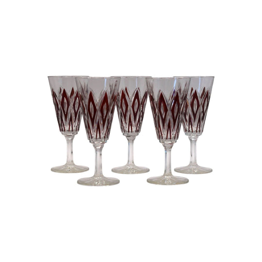"Remis" made in France Champagne Flutes. Classic Red Diamond design, Set of 5