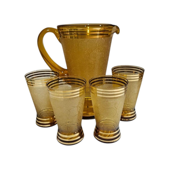 Retro Amber Sugar Frosted Pitcher and 4 Glasses c.1950