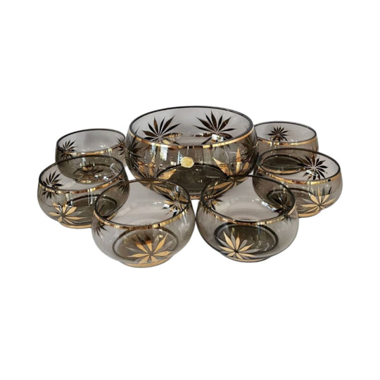 Retro Bohemia Smokey & Gold Glass Dessert Bowl Set c.1970s