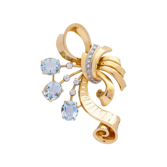Retro Period 18kt Gold, Aquamarine and Diamond Brooch