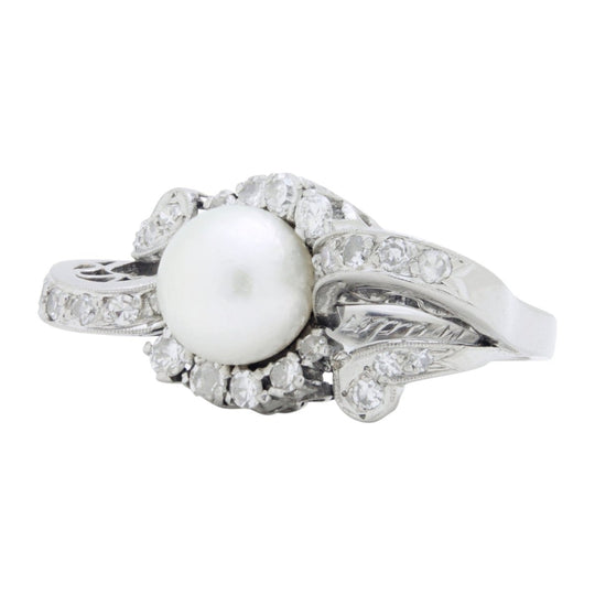 Retro Period, 18kt White Gold, Pearl, and Diamond Ring