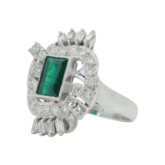 Retro Period, Platinum, Diamond and Emerald Cocktail Ring