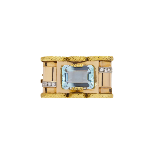Retro Period Tri-Tone Gold & Aquamarine Brooch Pendant