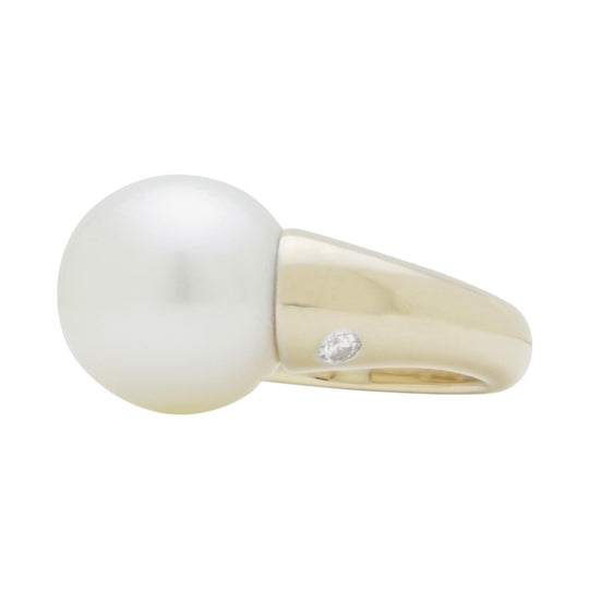 Rhodium Plated 18kt Yellow Gold, Diamond and South Sea Pearl Ring