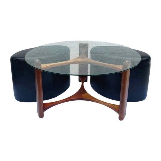 Rotondo Coffee Table by TH Brown & Sons with 3 Black Vinyl Ottomans