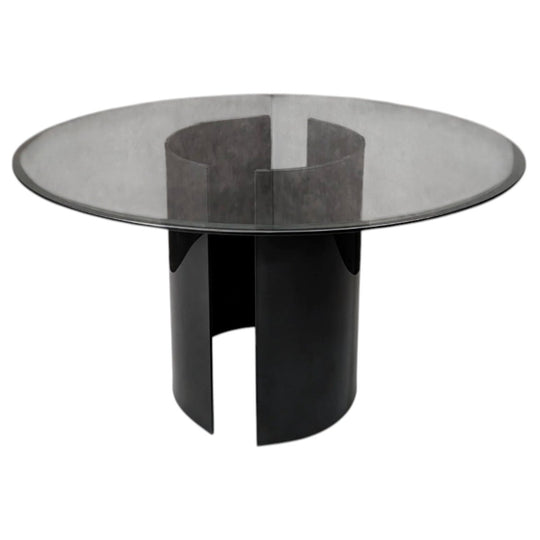 Round Glass Dining Table with Black Glass Segmented Pedestal