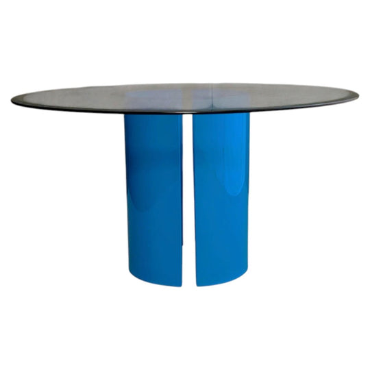 Round Glass Dining Table with Opaque Blue Glass Pedestal