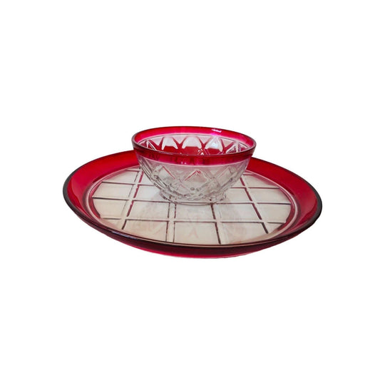 Ruby Diamond Pattern Platter and Bowl / Vintage Indiana Glass / Party Appetizer Tray / Chip & Dip Indiana Bowl and Platter