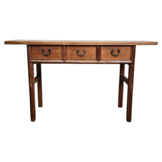 Rustic Antique Elm Console with 3 Drawers