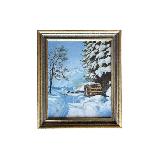 S. Bock - Snowscene with distant mountains, oil on panel, mid-20th c.