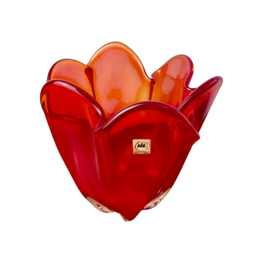 Vintage Iwatsu Hineri Art Glass Bowl Vase | Ruby Red Amber Japanese Glass (20cm)
