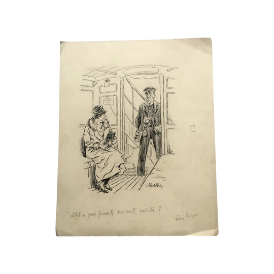 Original pencil & ink Stair Wood cartoon- 'What is your favourite bus route, conductor?' c.1925