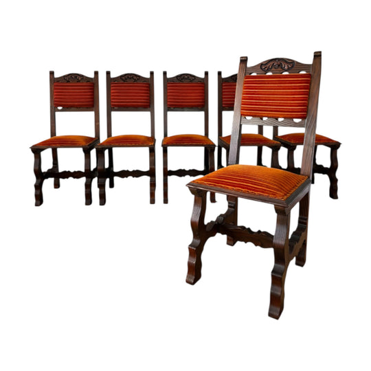 Spanish revivalist dining chair set with burnt orange corduroy upholstery