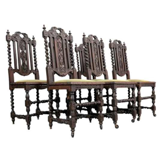 6 Victorian Jacobean Revival Dining Chairs Dark Oak, Circa 1860