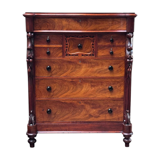 Quality Australian 8 drawer serpentine cedar chest with fretwork and fruit carvings c.1890