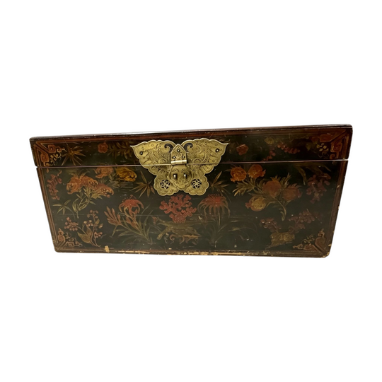 1409: Vintage Chinese Marriage Chest / Blanket Wooden Box & Brass Hardware