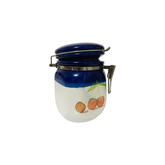 Set of 2 Canister Kitchen Jar White Body Blue Lid and Rim with Painted Cherry