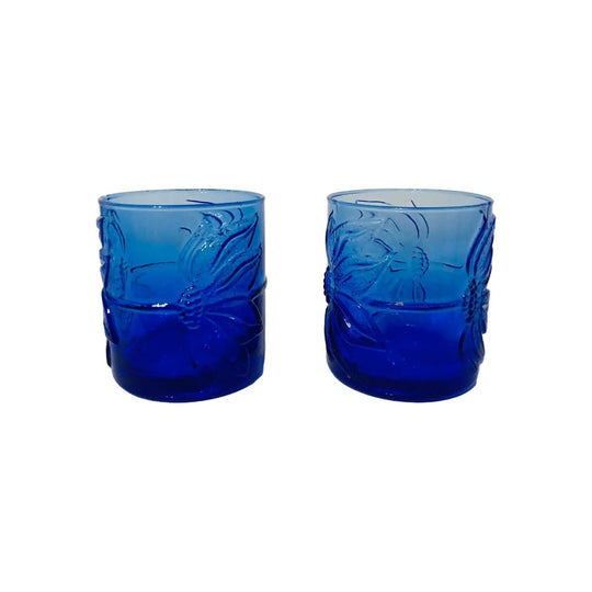 Set of 2 Cobalt Blue Vintage Raised Flower Design Tumblers
