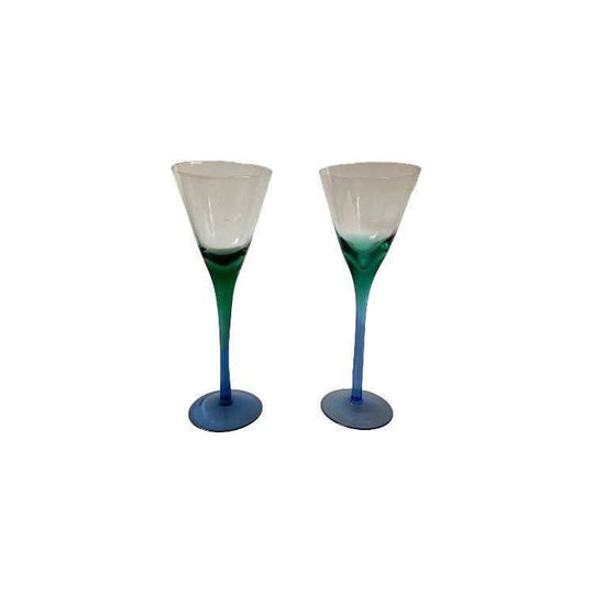 Set of 2 Glass Wine Goblets With green at Base of the Goblet and Blue At Stem, Blue green Wine Goblet