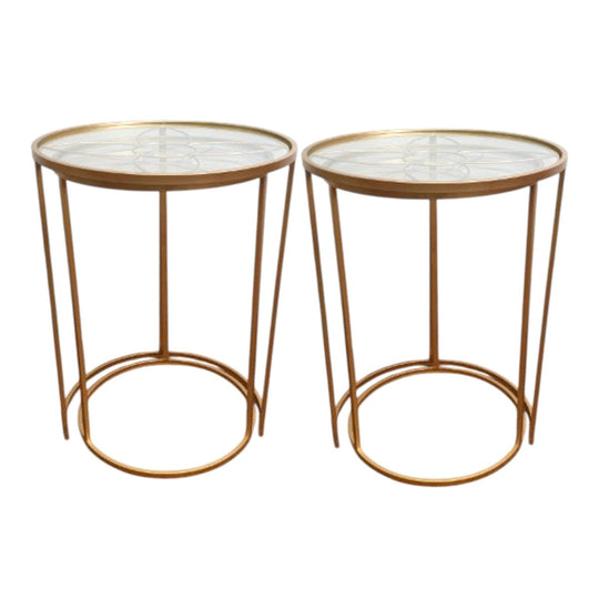 Set of 2 Gold Metal and Glass Nesting Round Side Tables with Floral Motif
