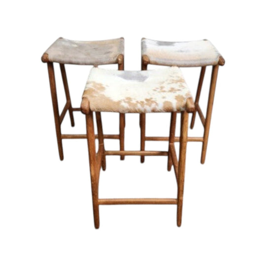 Set of 3 Bar Stools with Cow Hide Seats