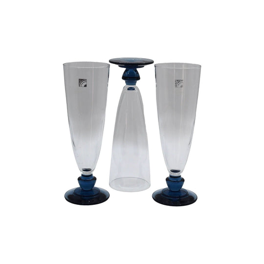 Set of 3 festive vintage Florian Bleu Canova champagne glasses from the Light and Music series, by Luigi Bormioli, Italy 1990s