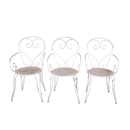 Set of 3 of Vintage French wrought iron garden armchairs