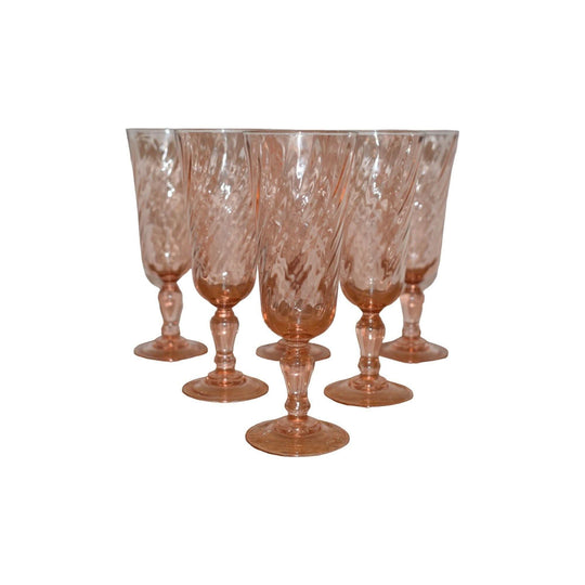 Set of 4 French Vintage Pink Swirl Champagne Flutes / Rosaline Pink Swirl / Pink Glasses