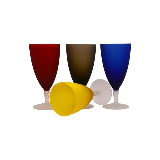 Set of 4 mutli-Coloured Wine Glasses with twisted stems.
