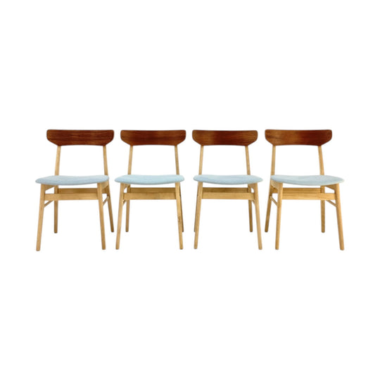 Set of 4 Restored Danish Teak & Beech Chairs with new linen upholstery
