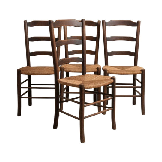 Set of 4 Rush Chairs In The Style Of Charlotte Perriand | Vintage French Oak Furniture