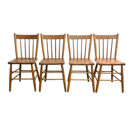 Set Of 4 Rustic Farmhouse Pressed Pattern And Spindle Back Pine Kitchen Chairs*