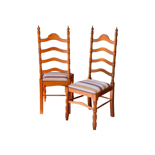set of 4 turned timber ladderback dining chairs with stripe upholstery