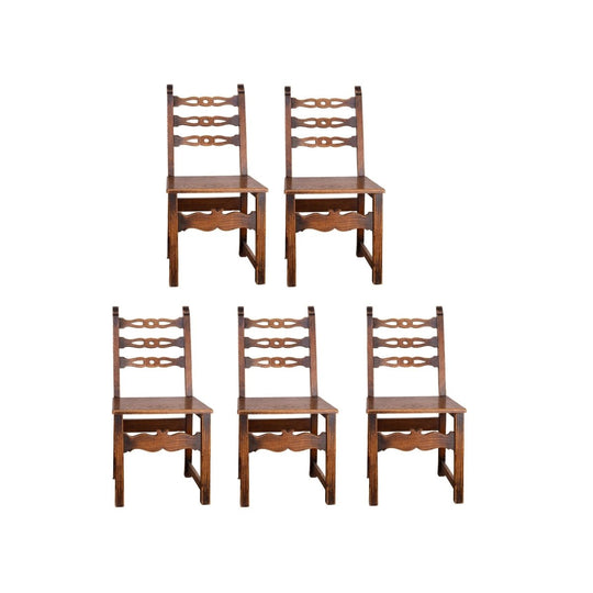 Set of 5 unique Antique French solid timber ladder back chairs from Paris