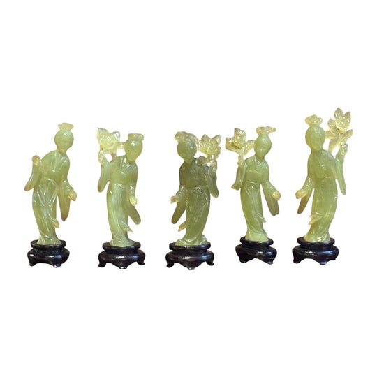 Set of 5 Vintage Chinese Carved Green Stone Courtesans