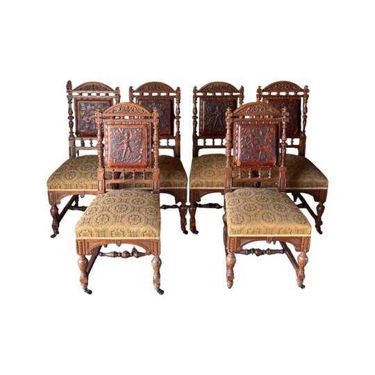 Set of 6 Antique 19th Century Renaissance Revival Dining Chairs with Embossed Leather Back Rests