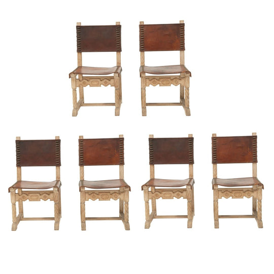 Set of 6 Mid Century Cerused Oak and Leather Dining Chairs