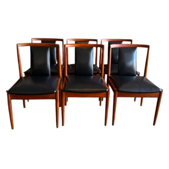 Set of 6 Parker T-Back Dining Chairs — Teak & Black Vinyl Model 88