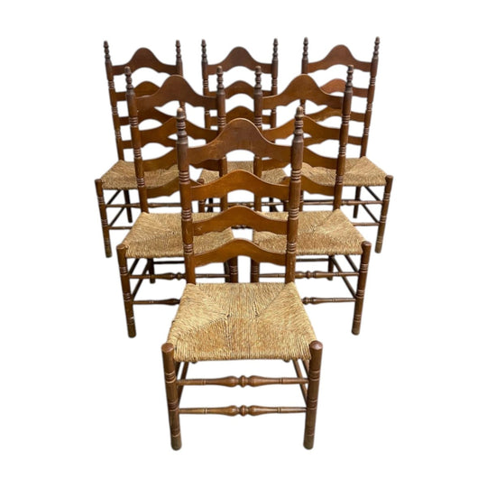 Set Of 6 Vintage Rustic Farmhouse Rush Seat Ladderback Dining Chairs
