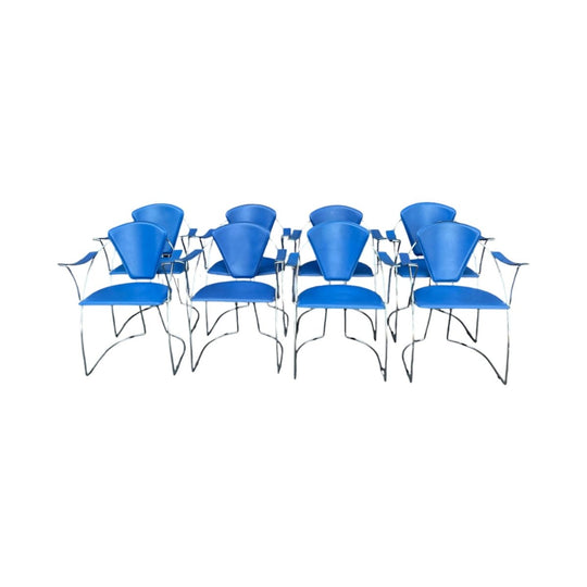 Set of 8 Retro Blue Conference Chairs with Chrome Frames