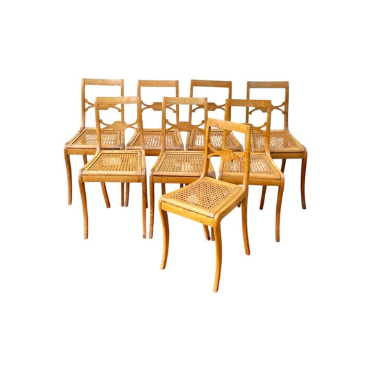 Set of 8 Satinwood Beidemier Klismos chairs, sabre legs & cane seats, c. 1830