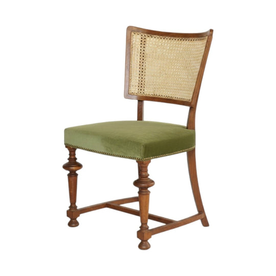 Set of Eight Post‑WWII Italian Oak Dining Chairs, Early–Mid 1950s – Velvet Upholstery & Hand‑Woven Cane